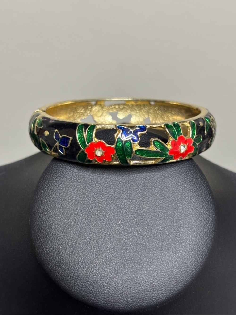 Cloisonné Gold Tone Floral Hinge Vintage Bangle Bracelet
